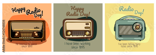 Set postcard "Happy Radio Day" in retro style. Radio receiver in vintage colors. Suitable for promotional products of flyers, banners, postcards for musical meetings.