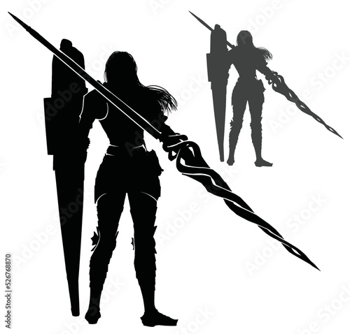The black silhouette of a lancer girl with a large shield and a long spear, she is a beautiful knight in plate armor with long hair standing with her back ready to accept the challenge. 2d vector art