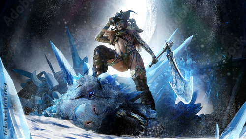 Fotografija Scandinavian Valkyrie woman stands proudly with her foot on a defeated crystal dragon that has bled blue, she is goddess of war with an axe and a demonic helmet, tattoos on her sexy body