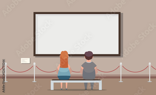 Museum visitors people in art exhibition gallery. Woman and man in the museum sit on a bench. White empty picture frame. Vector stock
