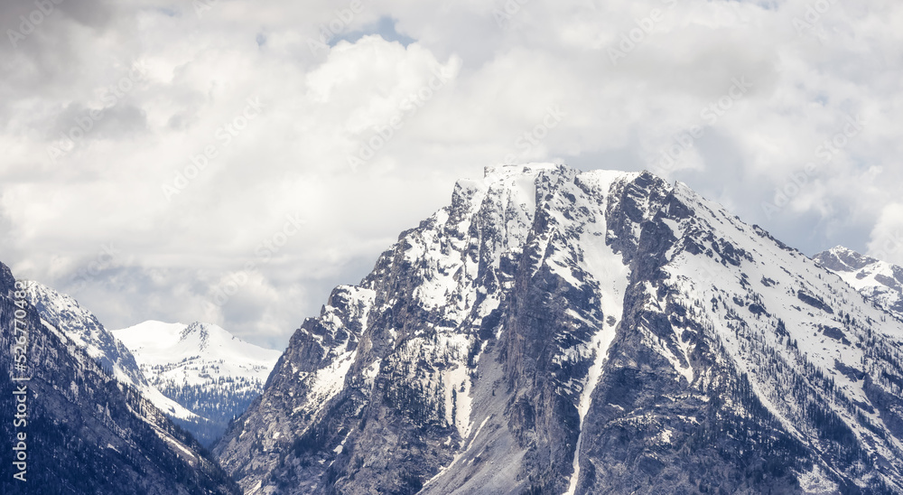 Snow Covered Mountains in American Landscape. Spring Season. Grand Teton National Park. Wyoming, United States. Nature Background.