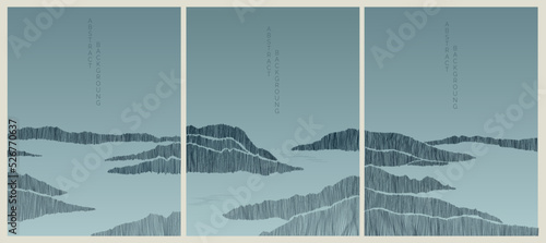 minimalist lines landscape background in asian style in black and blue colours