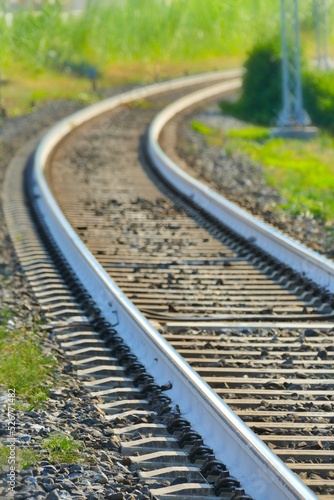 perspective view of railroad tracks narrow focus field on foreground
