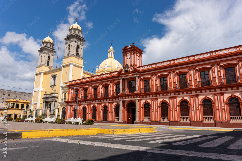 Colima, mexico, Colonial church and government palace of Colima. Central Garden of Colima.