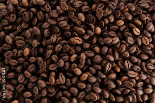 Heap of roasted coffee bean top view. 3D illustration.