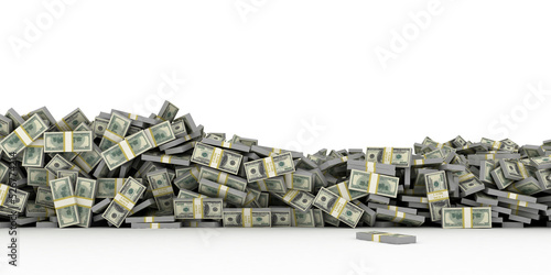 Tall pile of us currency - US dollars money isolated stacked on white background.