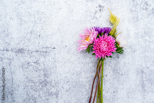 Small bouquet of colorful aster and celosia flowers are placed at the right of the image. Concrete, gray background. Space for text.