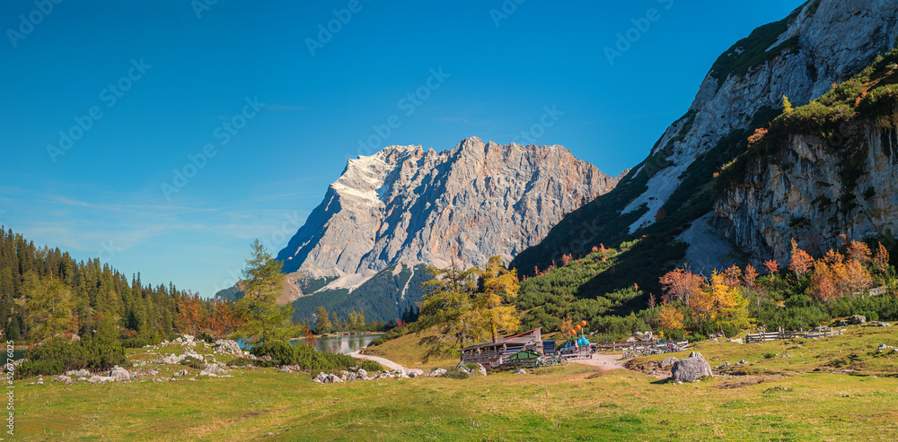 pictorial Zugspitze mountain, popular hiking destination from Ehrwald, austria
