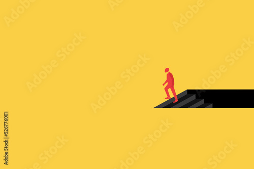 businessman on top looking down stairs. Business crisis, depression or burnout syndrome vector concept. Symbol of stress, recession,
