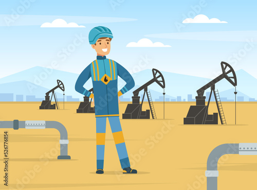 Oil or Petroleum Industry with Man Character in Blue Uniform Standing on Derrick Site Vector Illustration