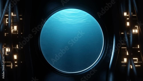 View of a round window with bottom under the sea waves seen from inside a submarine or science fiction environment with cables, light panels and moving illuminations. Looping video. 3D Rendering