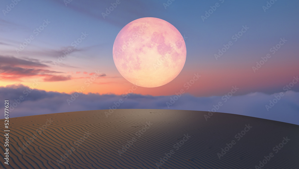 Night sky with full moon in the clouds on the foreground hot desert (sand dune) 