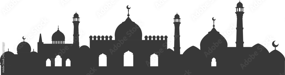 Muslim cityscape black monochrome silhouette background vector illustration. Islamic city skyline