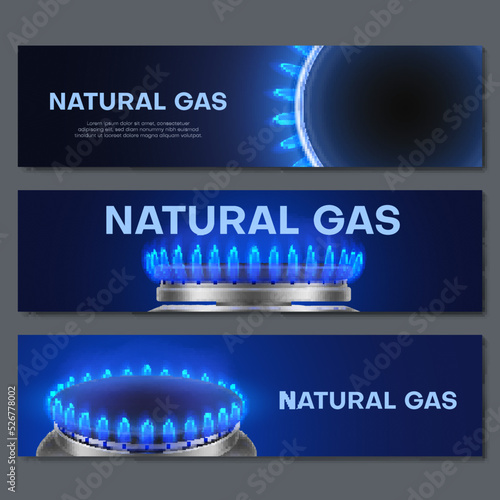 Natural gas burning flame circle glowing fuel banner background set realistic vector illustration