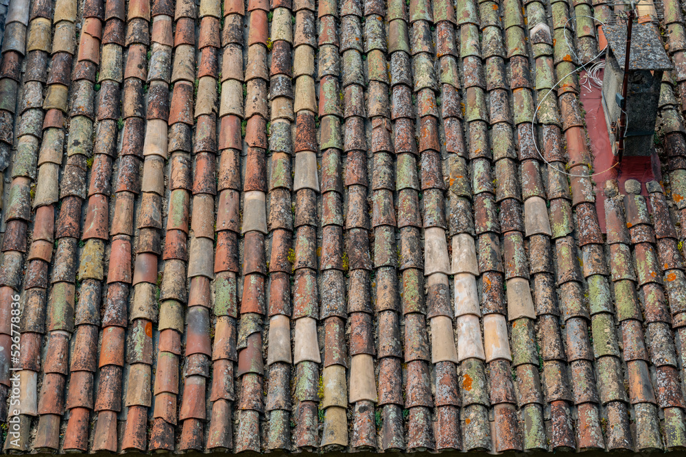 Lichen covered provence clay roof tiles close up Stock Photo Adobe Stock