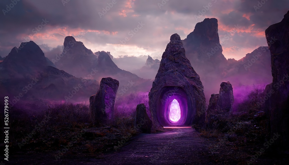 Mysterious purple glowing portal in old rock at highland - obrazy, fototapety, plakaty 