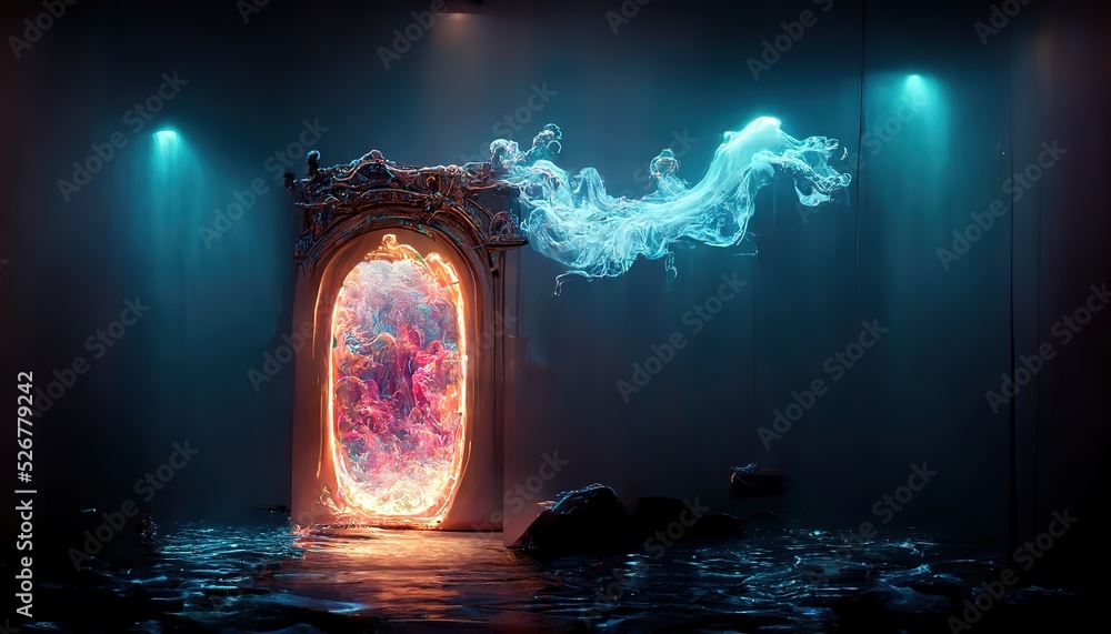 Mystical portal with color splashes and water in dark space - obrazy, fototapety, plakaty 