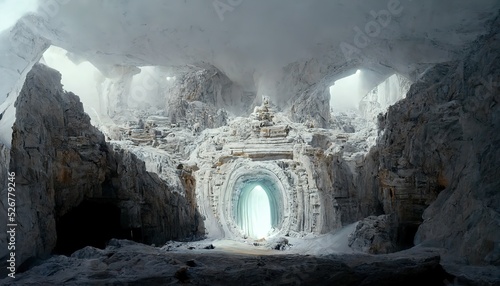 Canvastavla Huge stone gate with portal of ancient temple in empty cave
