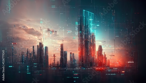 Fotografia Digitization of futuristic city with skyscrapers at sunset