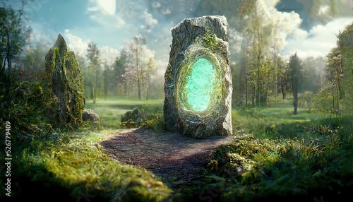 Magical portal glowing turquoise light in stone on glade