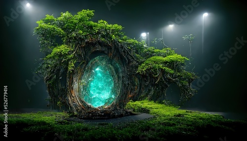 Glowing portal in old tree trunk on glade in dark space