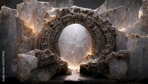 Portal in stone arch with magical symbols in mountain cave