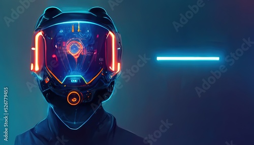 Fotografiet Digital network user with virtual reality helmet on blue