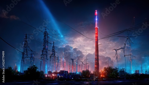 Mobile network tower and power transmission lines in evening