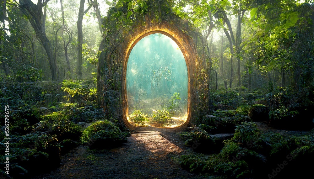 Magical portal with arch made with tree branches in forest - obrazy, fototapety, plakaty 