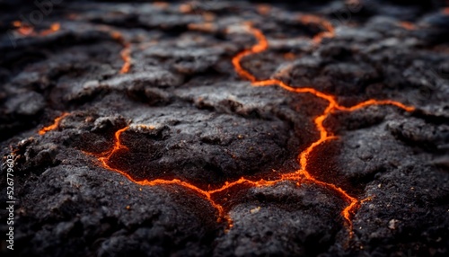Black soil and hot magma flowing during eruption macro view