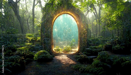Magical portal with arch made with tree branches in forest