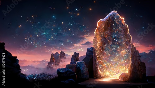 Fantastic crystal portal on alien planet under starry sky photo