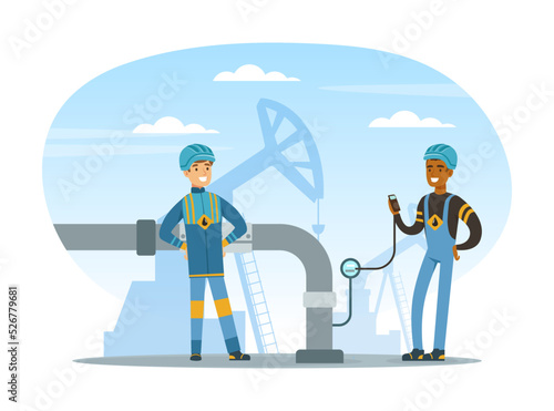 Oil or Petroleum Industry with Man Character in Blue Uniform Taking Measurement Vector Illustration