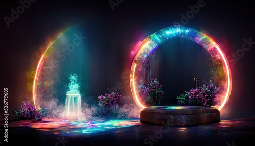 Portal with virtual rainbow arch in dark fantasy garden