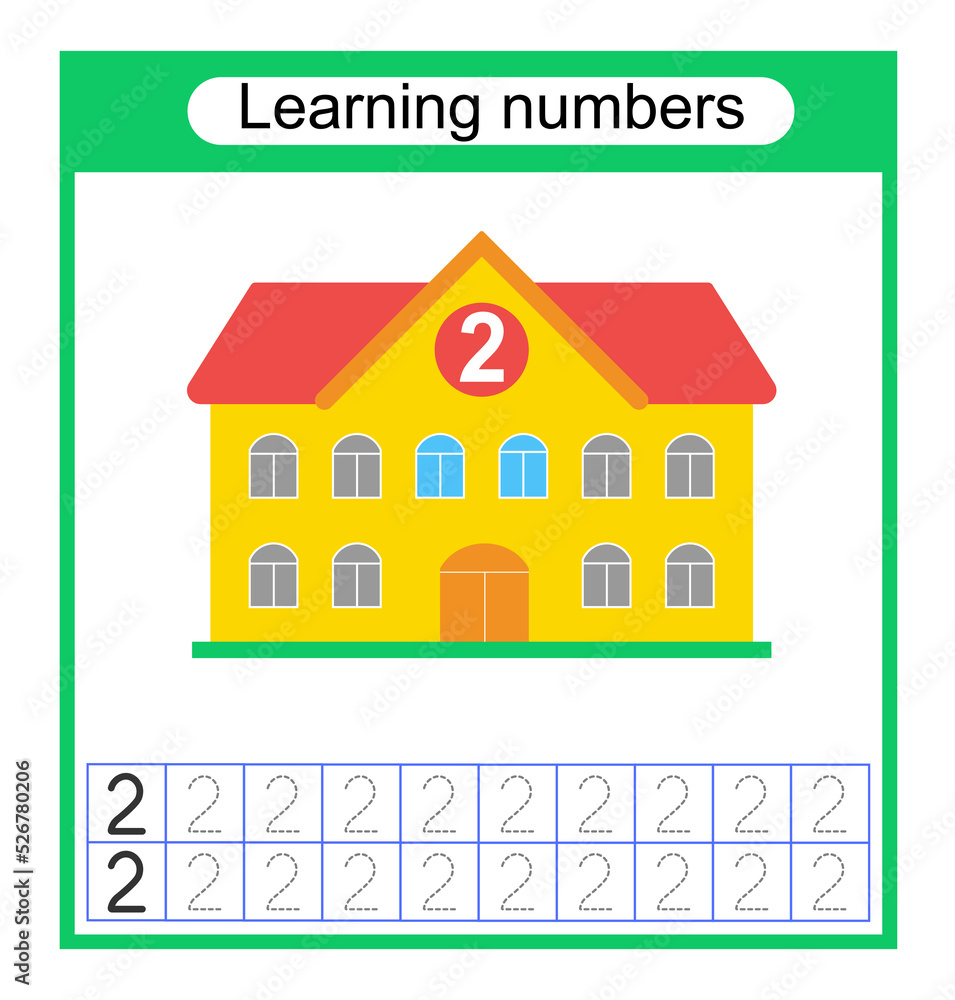 Preschool worksheet activity. Tracing dashed lines. Number worksheets for kids to practice writing the numbers. Number 2. Vector