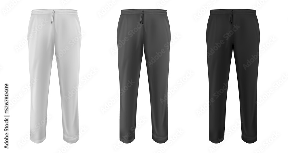 Set realistic white, gray, black pants. Base clothes isolated on clean background. Collection blank mockup for branding man or woman fashion. Design casual template. 3d vector illustration. Set realistic white, gray, black pants. Base clothes isolated on clean background. Collection blank mockup for branding man or woman fashion. Design casual template. 3d vector illustration.