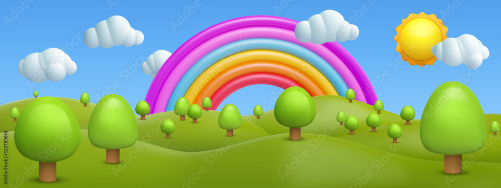 3d cartoon vector landscape composition with green hills, trees, rainbow,  sun, white clouds. Modern stylised children concept background. Sweet  nature environment panorama. Glossy kids toy elements. Stock Vector | Adobe  Stock