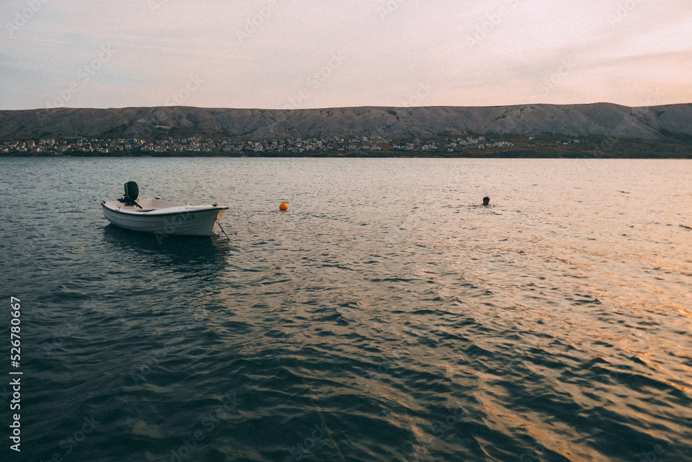 Naklejka premium Pag, Croatia beautiful landscape. Mountains and sea, vacation in the south of Europe. Beautiful sunset on the sea.