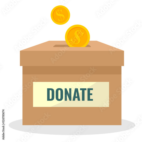 money box with coins. putting coins into donation box: Donate money charity concept