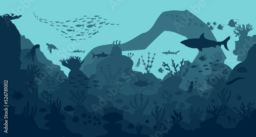 silhouette of coral reef with fish on blue sea background underwater vector illustration	
