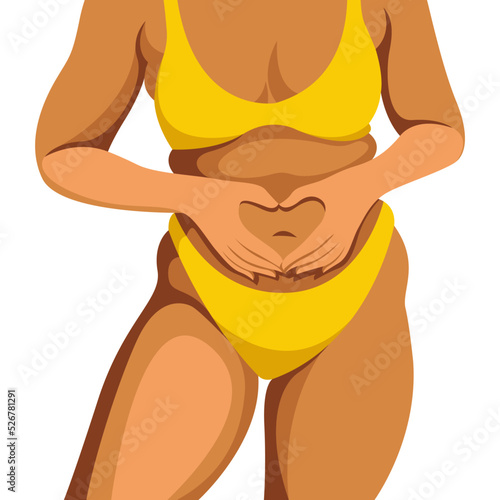 vector illustration on the theme of body positivity. a young plump girl is not shy about her belly fat rolls. folds his heart from his palms on his stomach. isolated on white background. love yourself