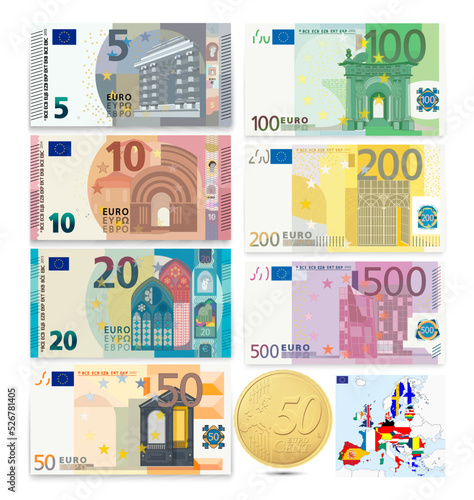 Euro banknotes. Money coins. Vector illustration.