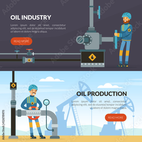 Oil or Petroleum Industry Landing Page with Man Character in Blue Uniform on Derrick Site and with Pipe Vector Template