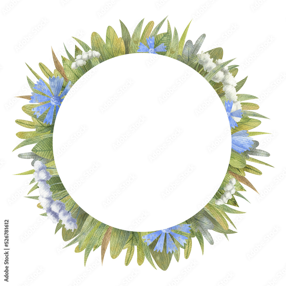Watercolor floral round frame with garden and meadow blue flowers ...