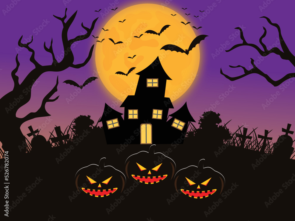 Halloween background with various trees, pumpkins, bats and graves.