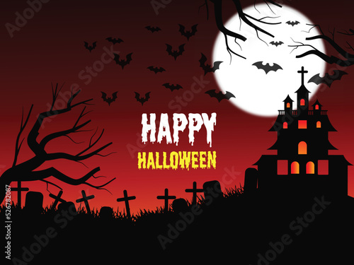 Halloween background with dead tree, haunted house, bats and full moon.