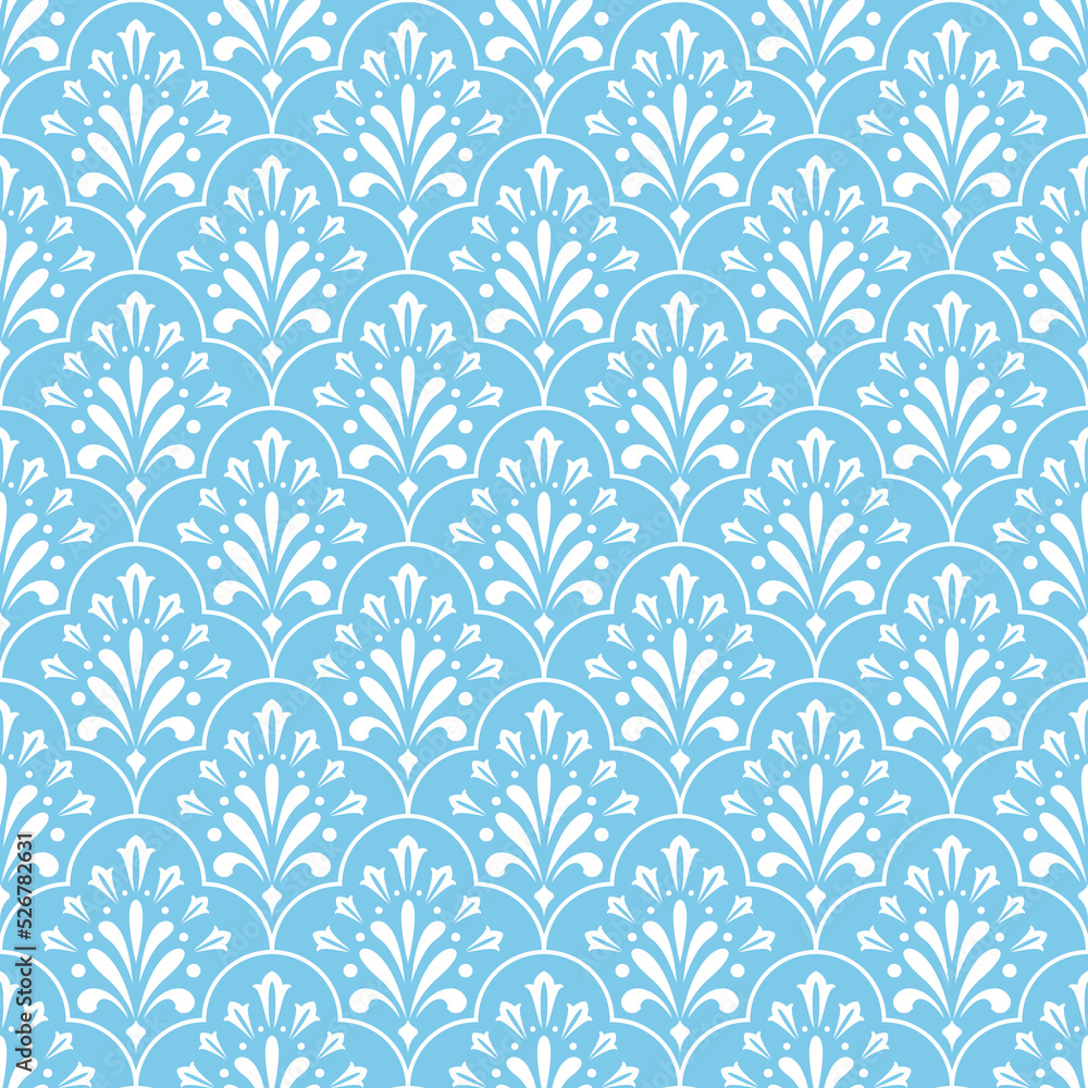 Flower geometric pattern. Seamless vector background. White and blue ornament