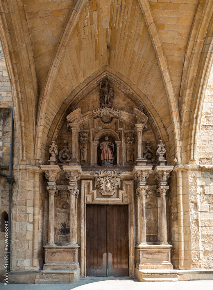 Portico of San Vicente church, the oldest in the city, was built in 16th century in Basque Gothic style and located in the old town of San Sebastian, Spain.