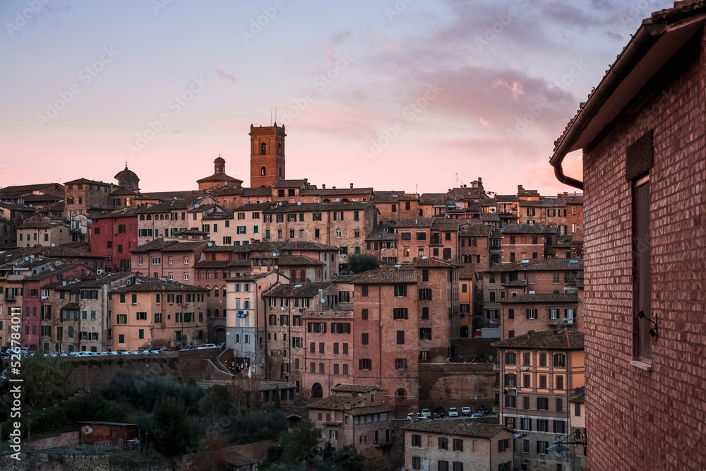 splendid panorama of Siena and its historic center at sunset.