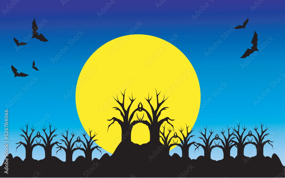 Amazing. Halloween festival and celebration abstract background, coffin or casket with graveyard, castle, moon, bat, thunderbolt or lightning and copy space.